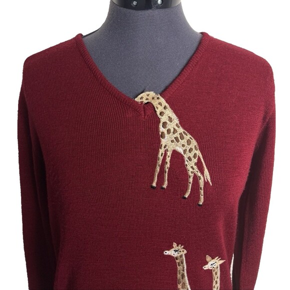 VTG Cyn Les Sweater Giraffes Shirlee Designs Womens Medium Embroidered Burgundy - Picture 2 of 8